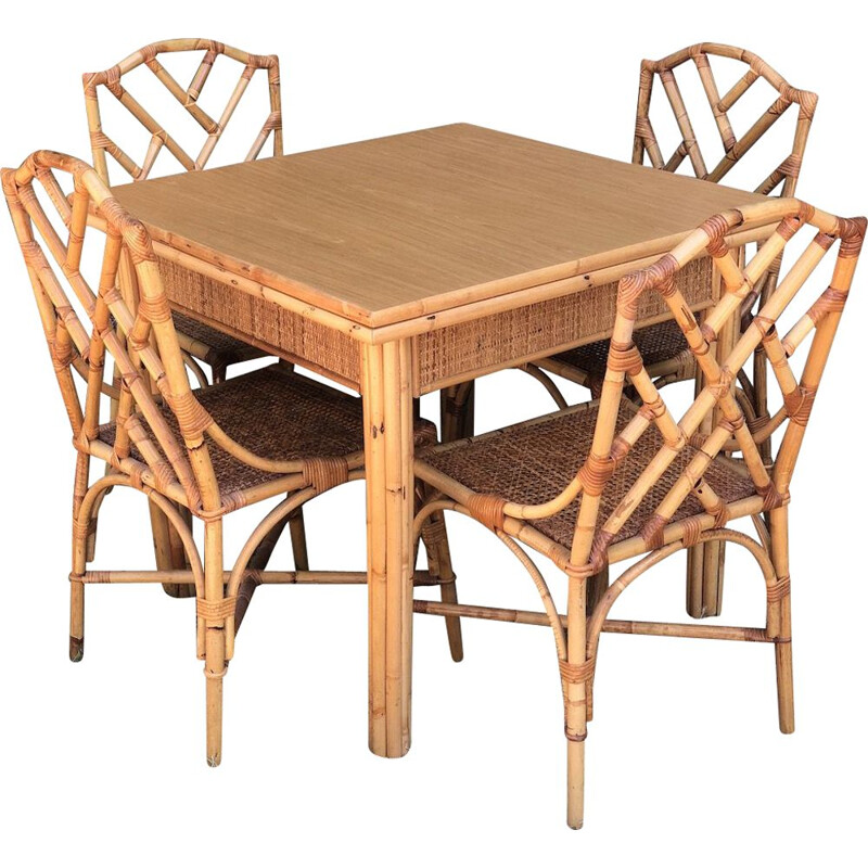 Vintage bamboo and woven wicker dining set by Dal Vera, 1970