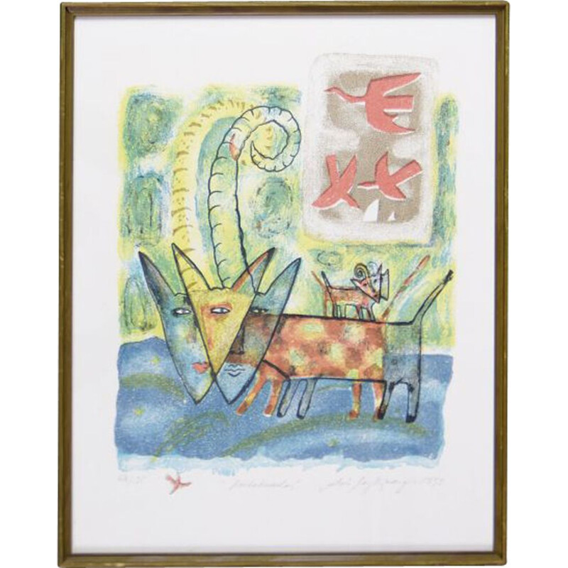 Vintage litho van de sky dog door Aino Myllykangas, 1993