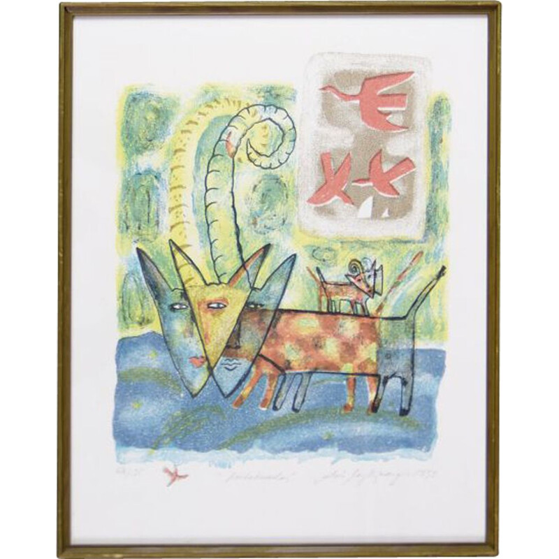 Vintage lithograph of the sky dog by Aino Myllykangas, 1993
