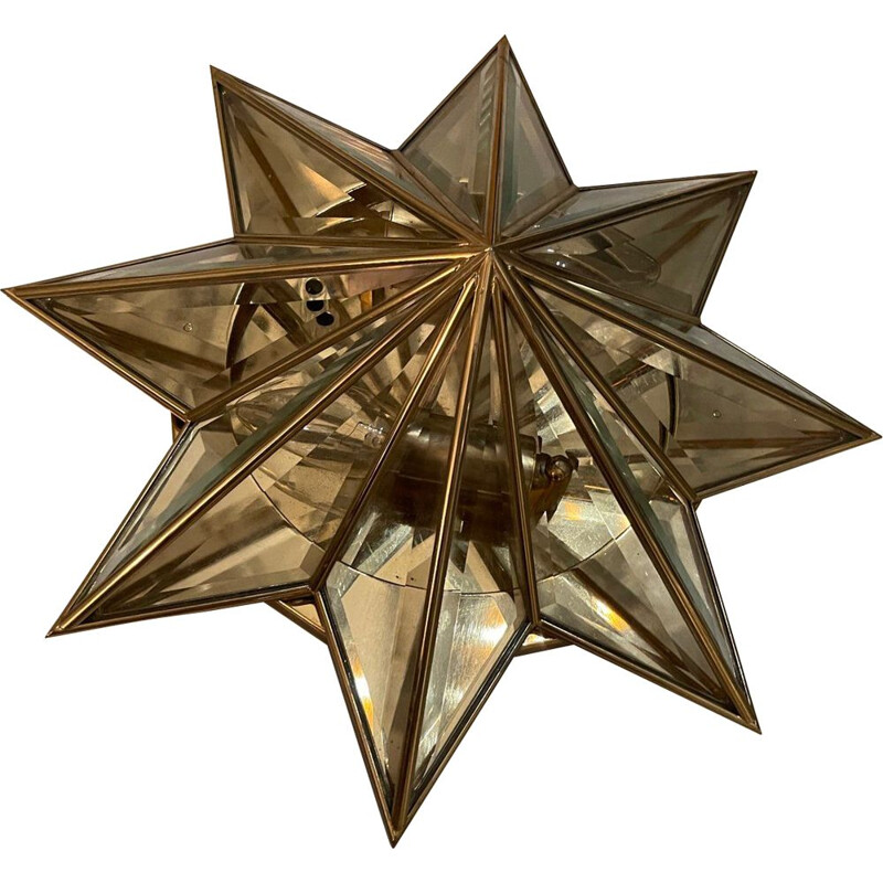 Vintage star-shaped brass & cut glass flush mount, 1960s