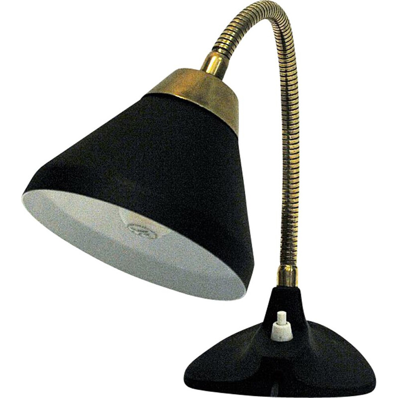 Mid century black metal table walllamp with brass neck by EWÅ Värnamo, Sweden 1950s