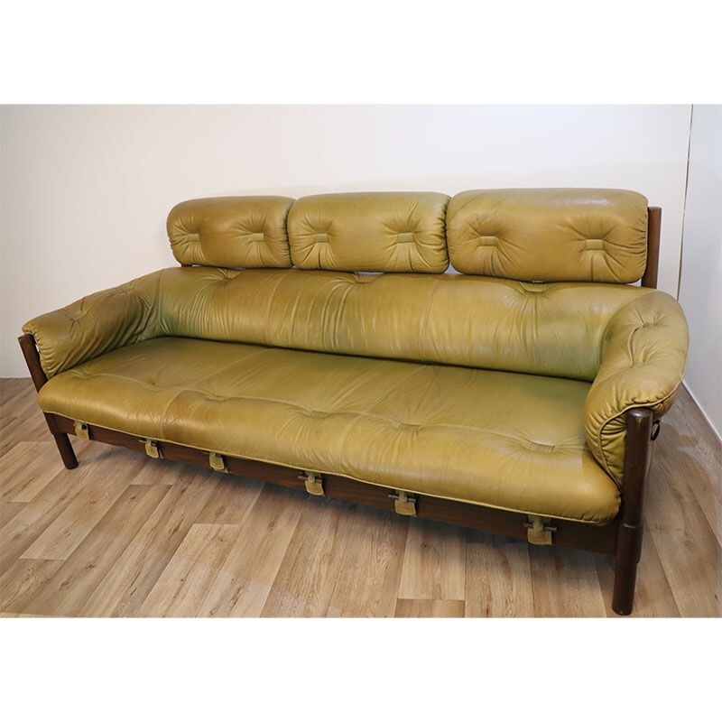 Vintage leather and teak sofa, 1960s