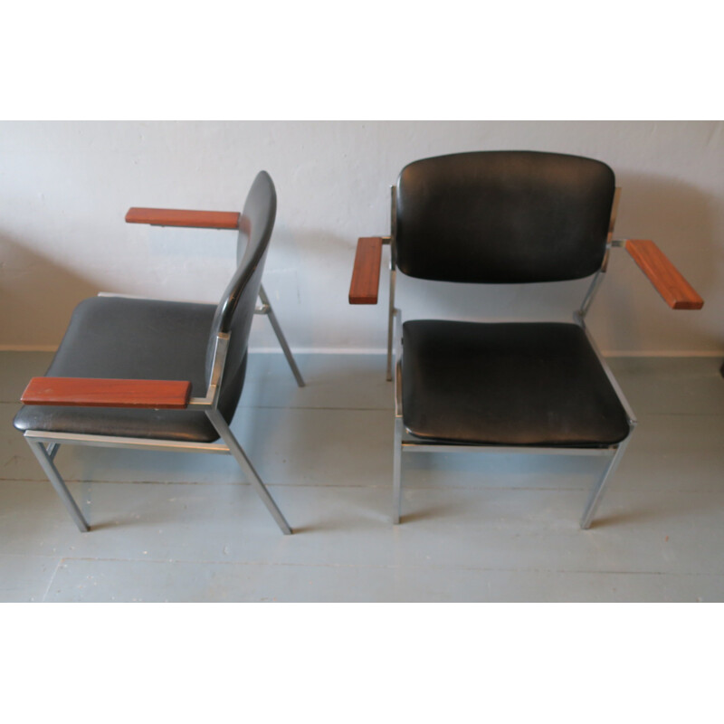 Pair of armchairs in metal, wood and black leatherette - 1960s