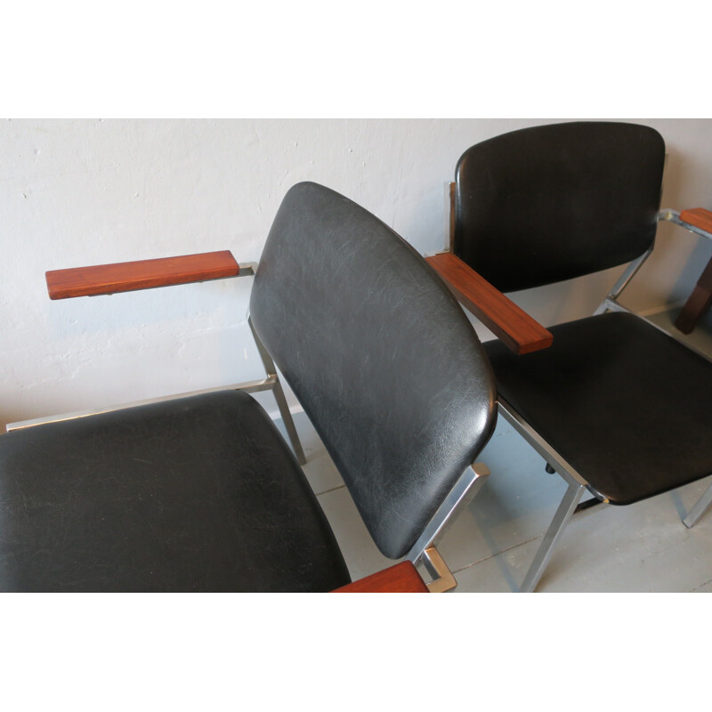 Pair of armchairs in metal, wood and black leatherette - 1960s