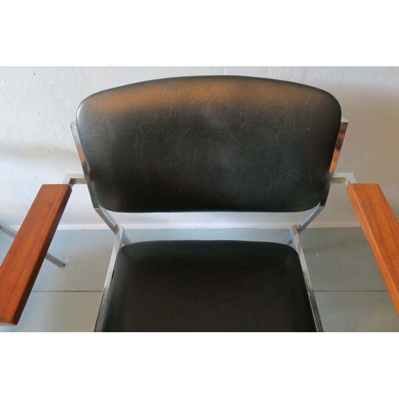 Pair of armchairs in metal, wood and black leatherette - 1960s