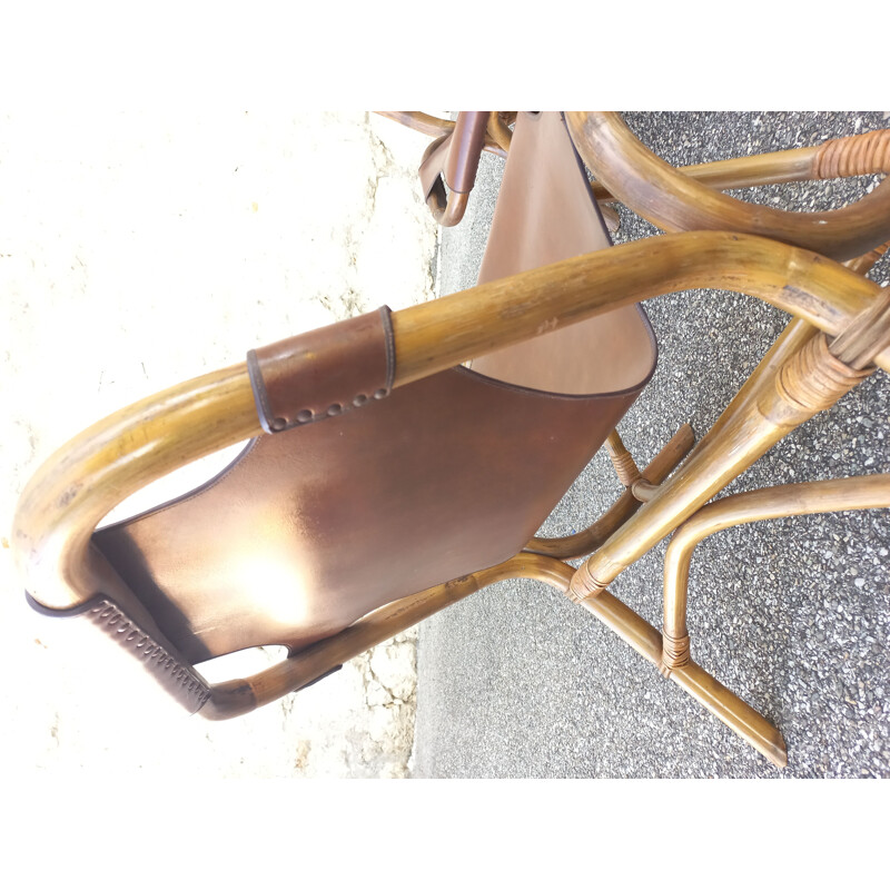 Pair of vintage armchairs in rattan and imitation leather