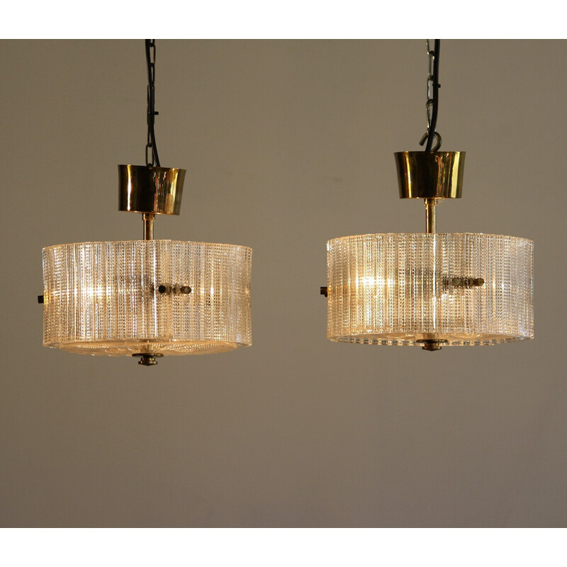 Pair of Swedish Orrefors hanging lamps in brass and glass, Carl FAGERLUND - 1970s