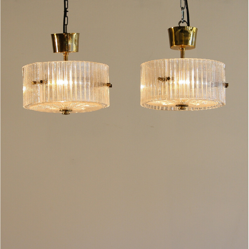 Pair of Swedish Orrefors hanging lamps in brass and glass, Carl FAGERLUND - 1970s