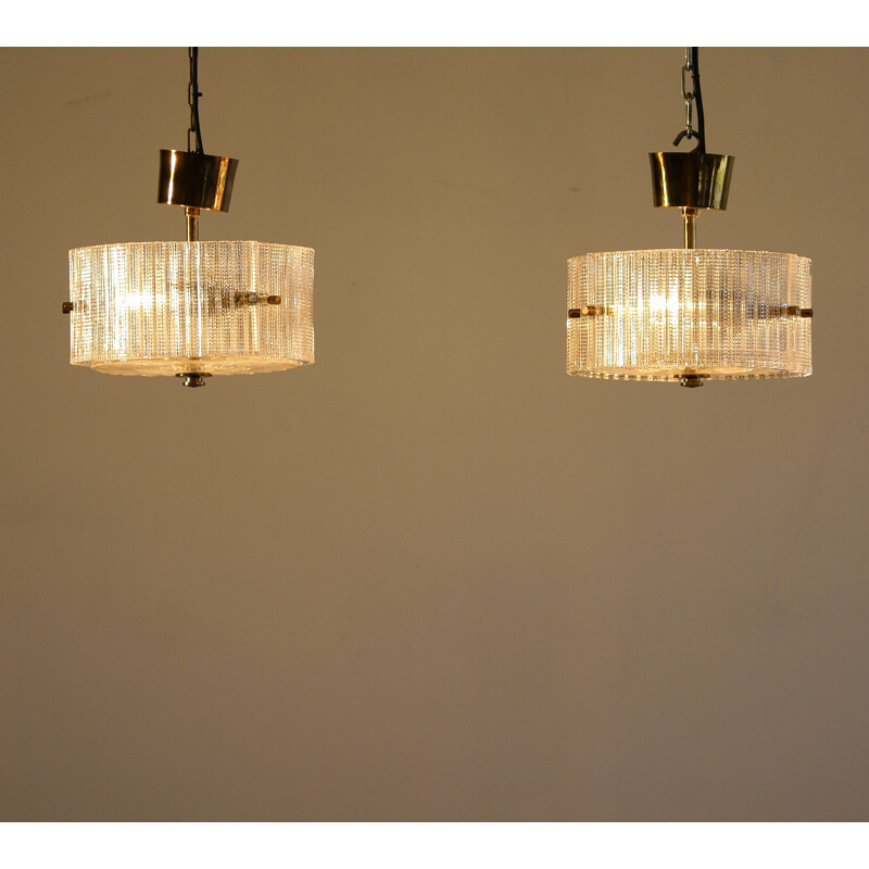 Pair of Swedish Orrefors hanging lamps in brass and glass, Carl FAGERLUND - 1970s