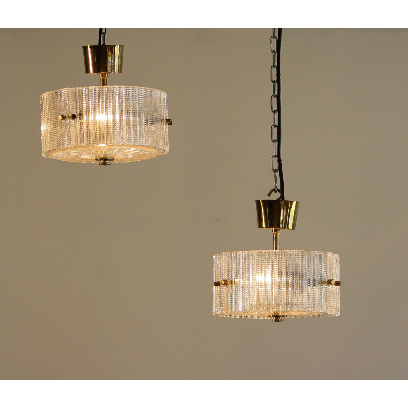 Pair of Swedish Orrefors hanging lamps in brass and glass, Carl FAGERLUND - 1970s