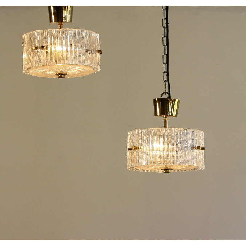 Pair of Swedish Orrefors hanging lamps in brass and glass, Carl FAGERLUND - 1970s