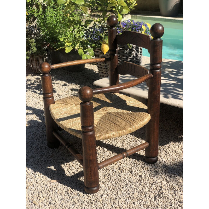 Pair of vintage oak and straw armchairs by Charles Dudouyt,1940s