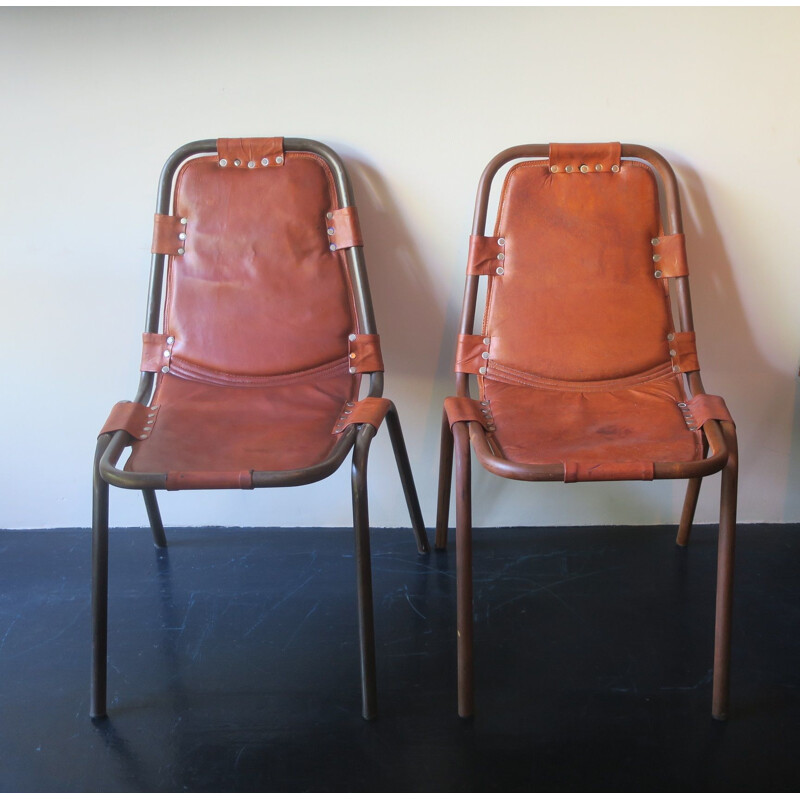 Mid century unusual pair of leather and metal chairs, 1960s