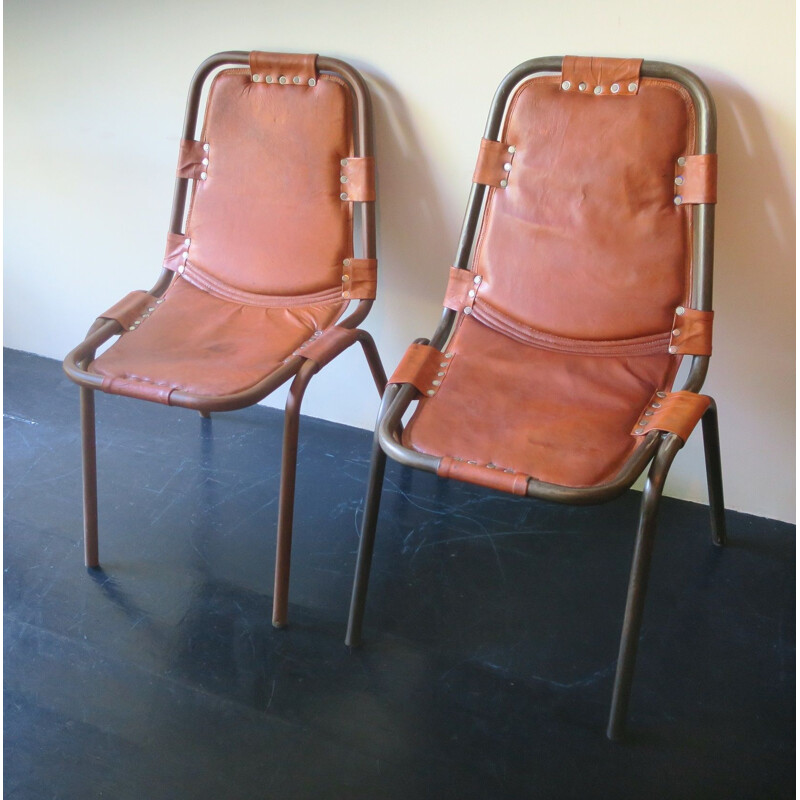 Mid century unusual pair of leather and metal chairs, 1960s