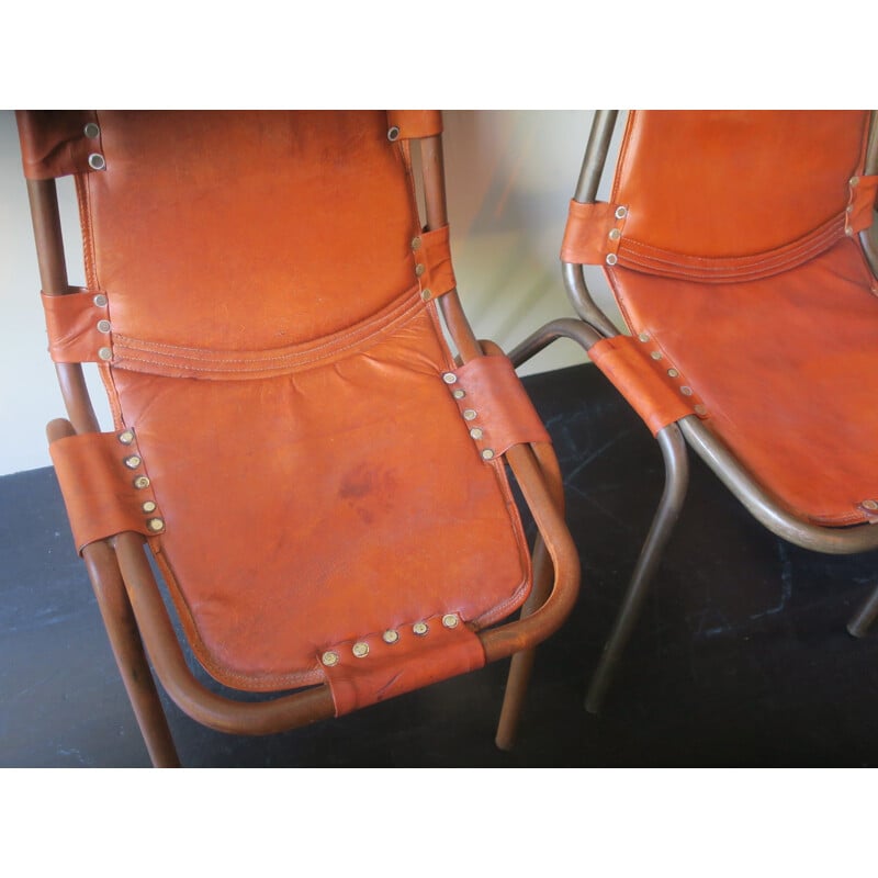 Mid century unusual pair of leather and metal chairs, 1960s