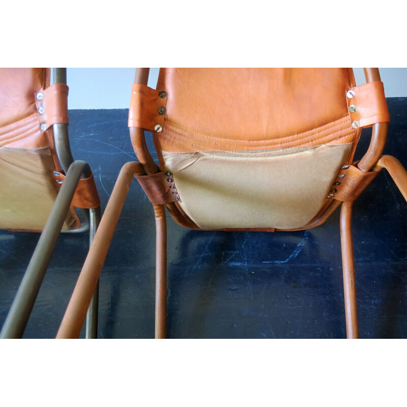 Mid century unusual pair of leather and metal chairs, 1960s