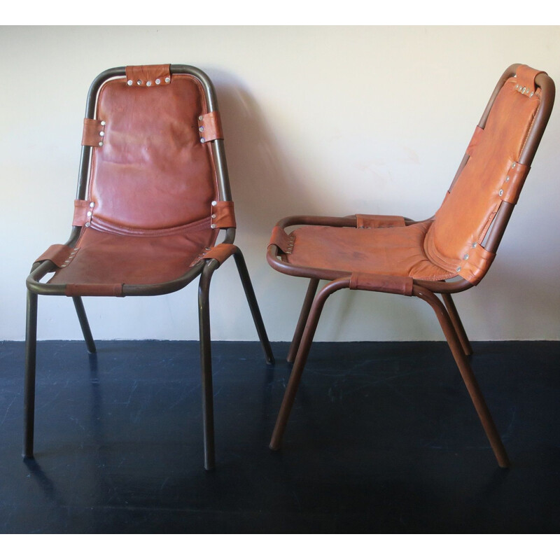 Mid century unusual pair of leather and metal chairs, 1960s