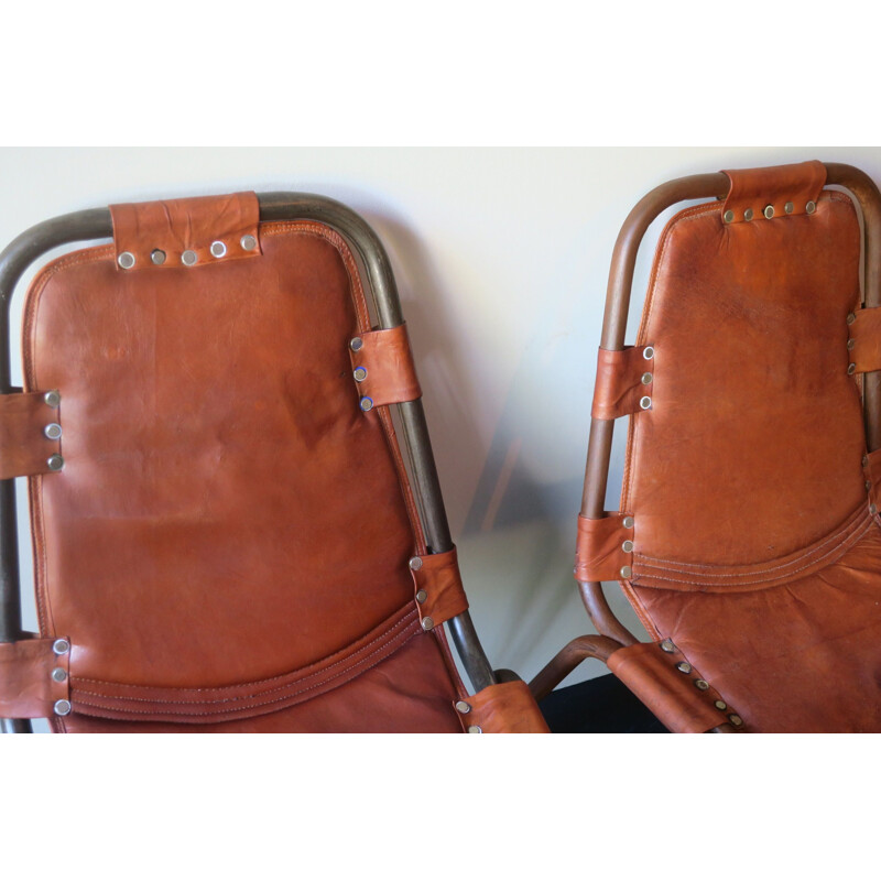 Mid century unusual pair of leather and metal chairs, 1960s