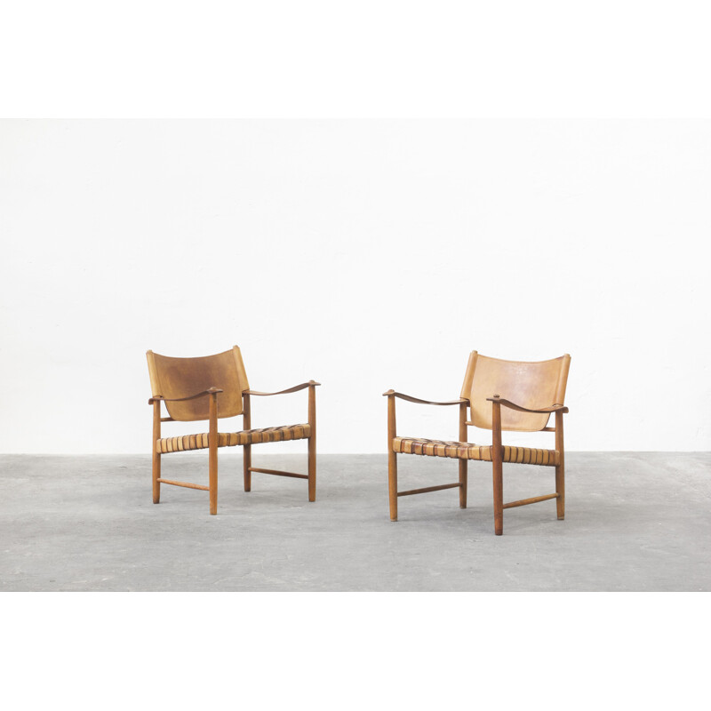 Pareja de sillones de cuero Safari de Hans J. Wegner, Alemania 1950