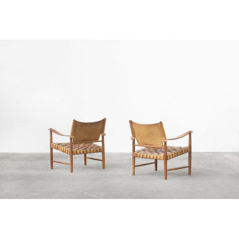 Pareja de sillones de cuero Safari de Hans J. Wegner, Alemania 1950