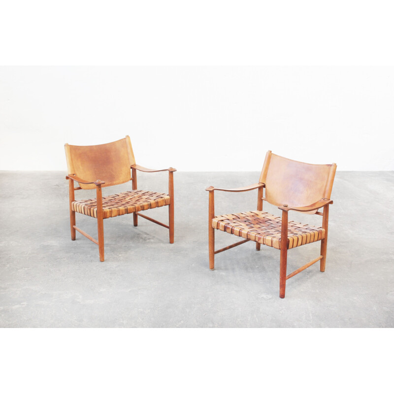 Pareja de sillones de cuero Safari de Hans J. Wegner, Alemania 1950