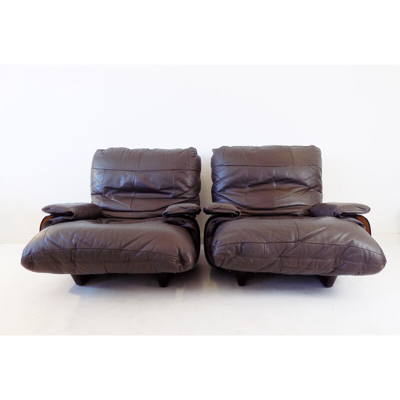 Pair of Marsala brown leather armchairs vintage by Michel Ducaroy for Ligne Roset, 1970s