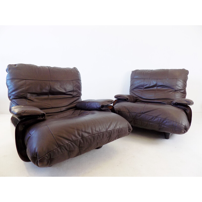 Pair of Marsala brown leather armchairs vintage by Michel Ducaroy for Ligne Roset, 1970s
