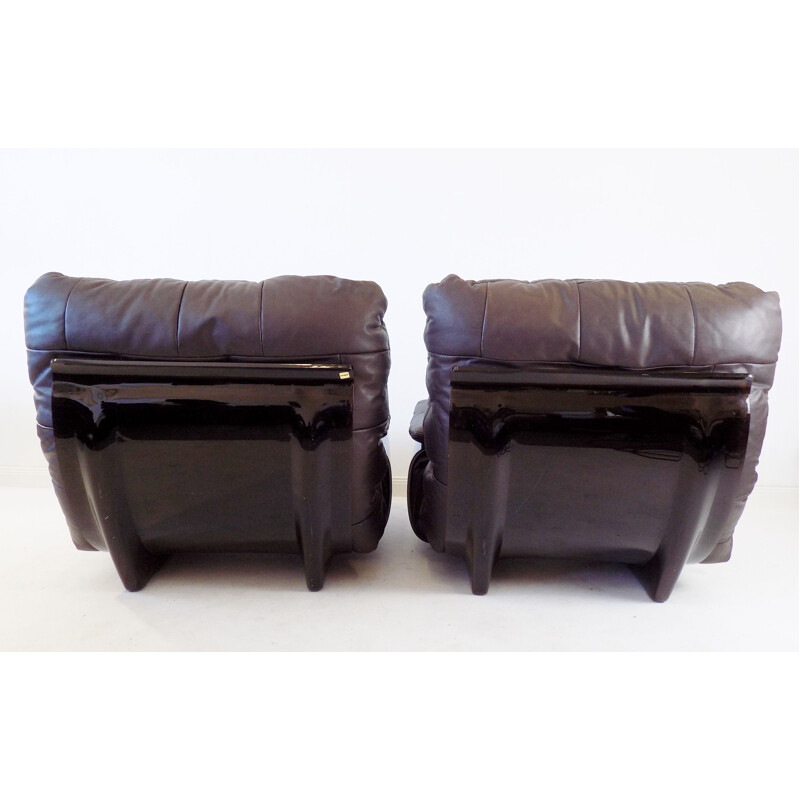 Pair of Marsala brown leather armchairs vintage by Michel Ducaroy for Ligne Roset, 1970s