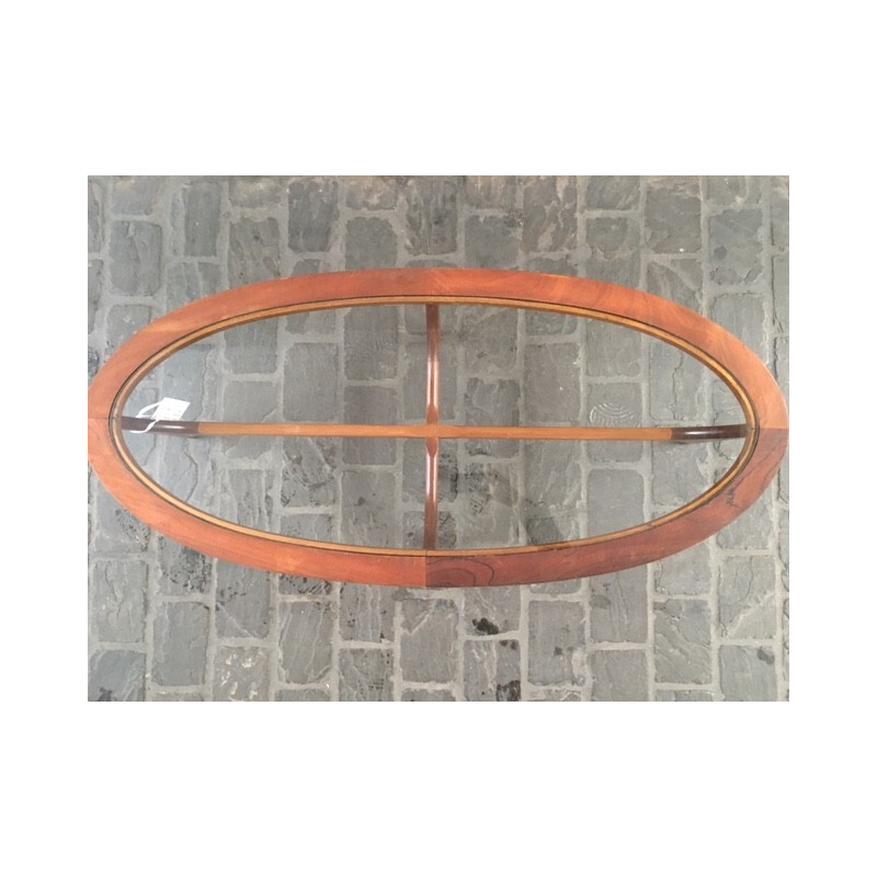 Oval G-Plan coffee table in teak and glass, Ib Kofod LARSEN - 1960s