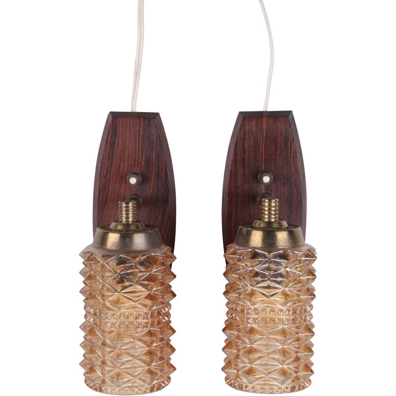 Pair of wall lamps vintage made of teak and colored glass, Danmark 1960s