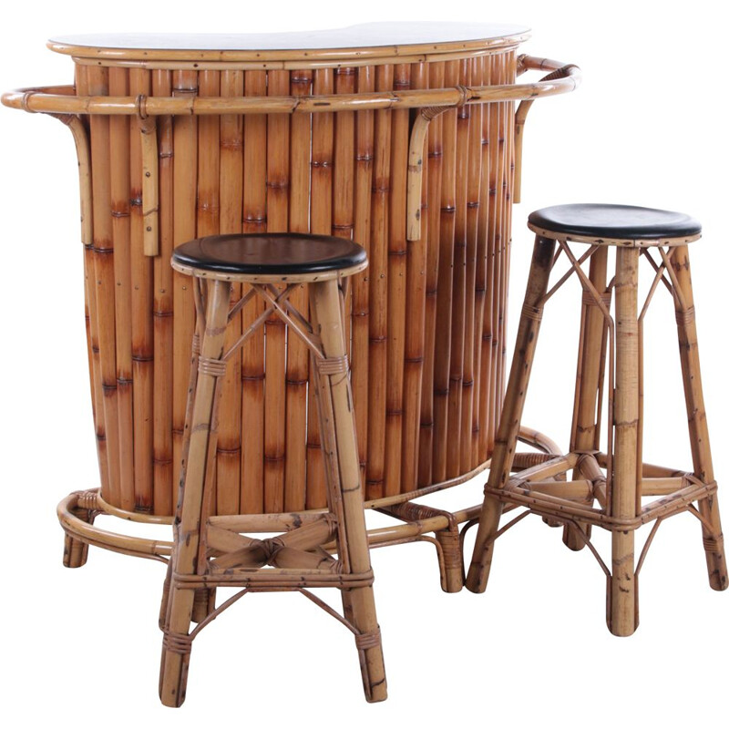 Set of bamboo tiki bar and 2 bar stools vintage, France 1960s
