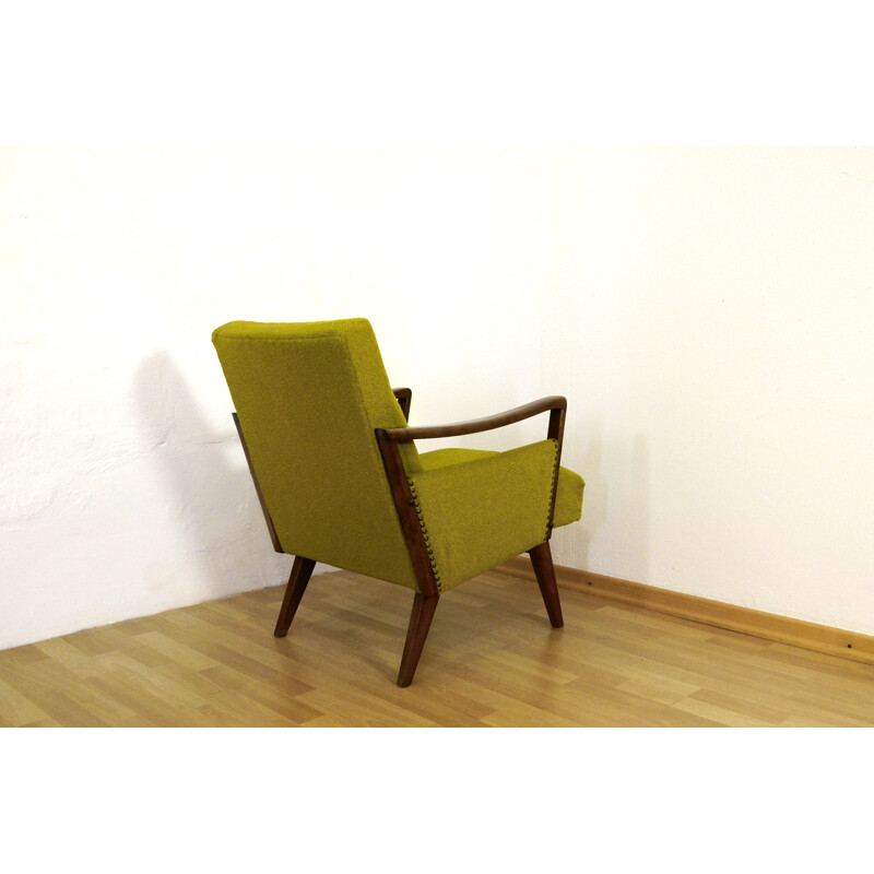 Fauteuil vintage en bois et tissu jaune vert - 1950