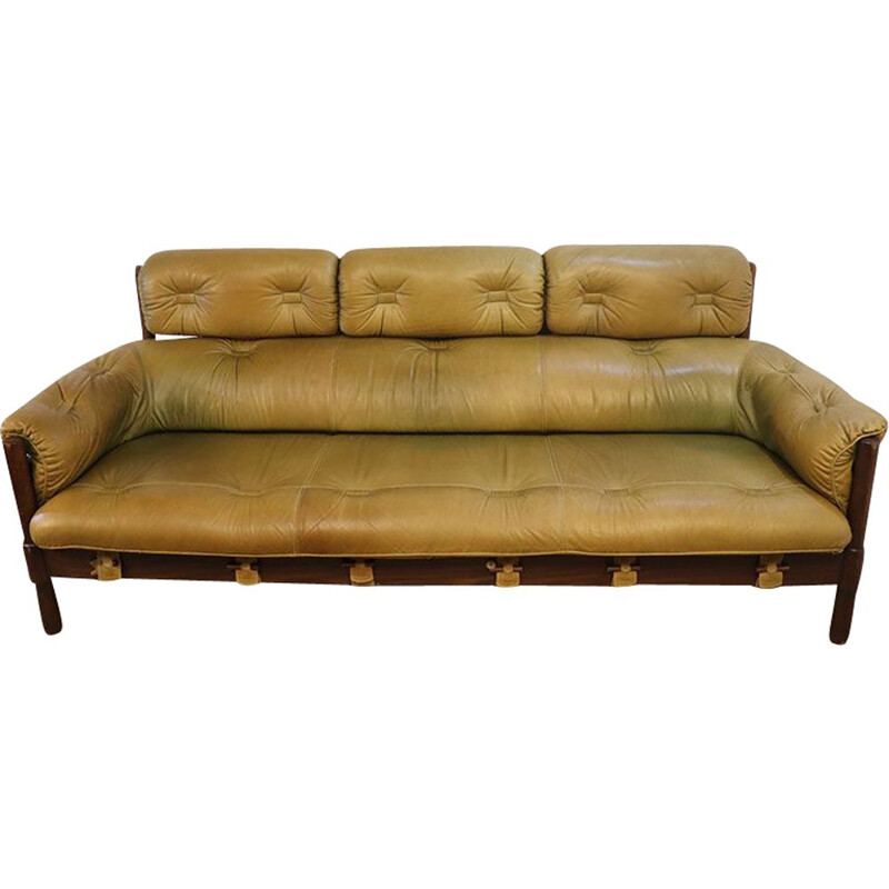 Vintage leather and teak sofa, 1960s