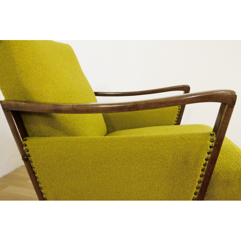 Yellow green easychair with organic armrests - 1950s