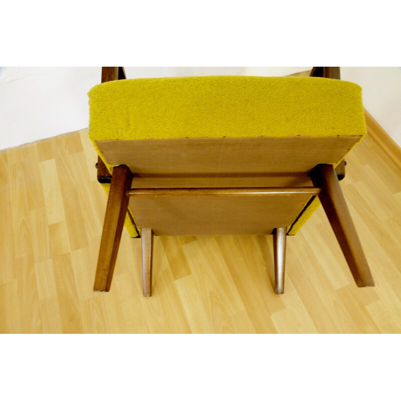 Fauteuil vintage en bois et tissu jaune vert - 1950