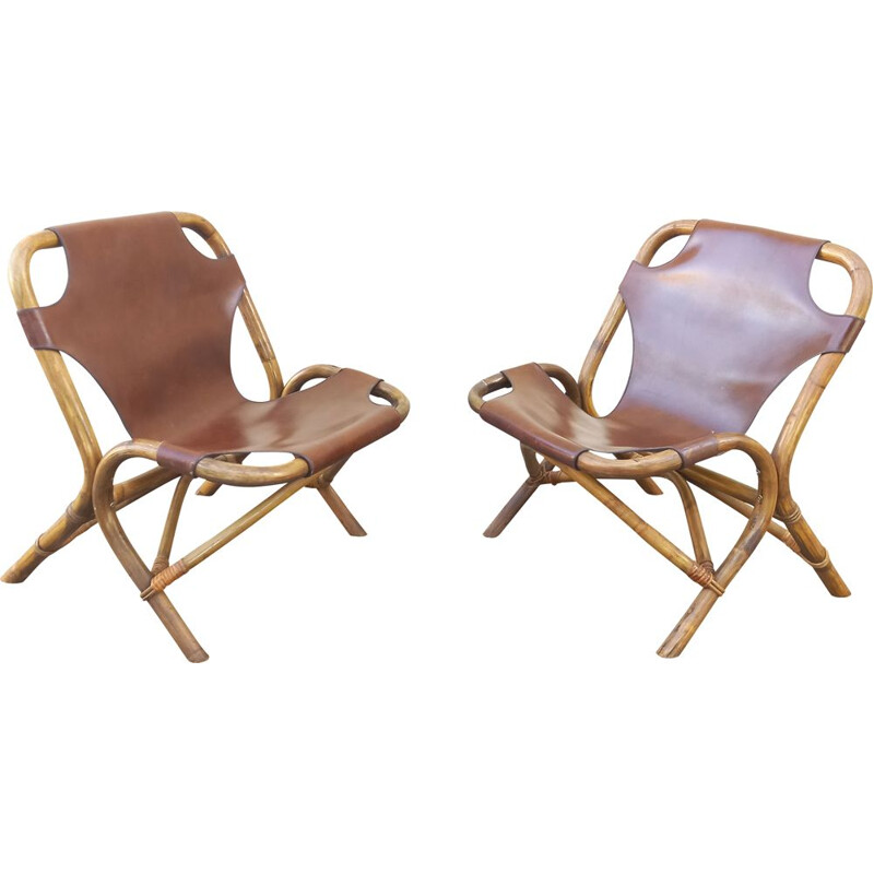 Pair of vintage armchairs in rattan and imitation leather