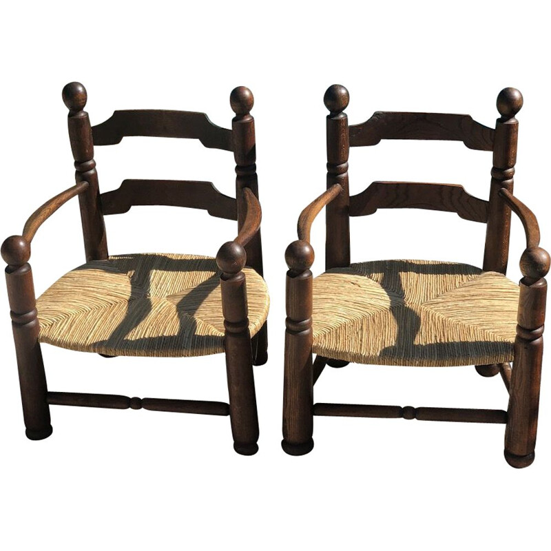 Pair of vintage oak and straw armchairs by Charles Dudouyt,1940s