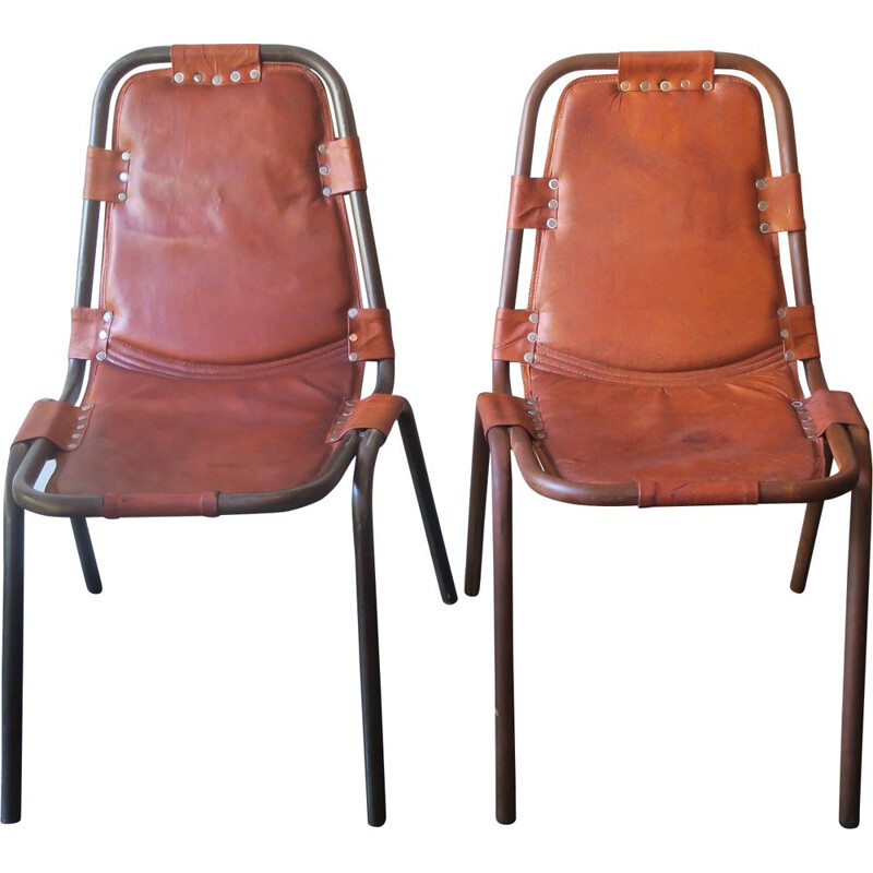 Mid century unusual pair of leather and metal chairs, 1960s