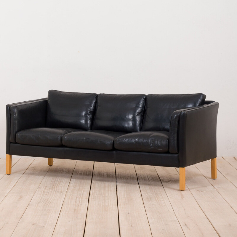 Vintage sofa in thick black aniline leather by Stouby, 1960-1970s