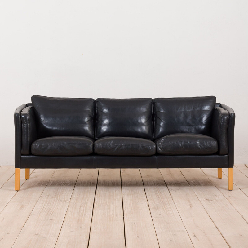 Vintage sofa in thick black aniline leather by Stouby, 1960-1970s