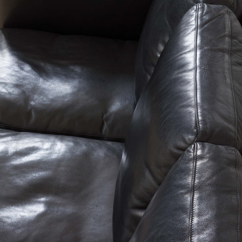 Vintage sofa in thick black aniline leather by Stouby, 1960-1970s