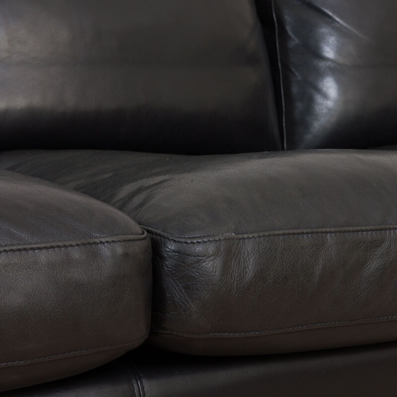 Vintage sofa in thick black aniline leather by Stouby, 1960-1970s