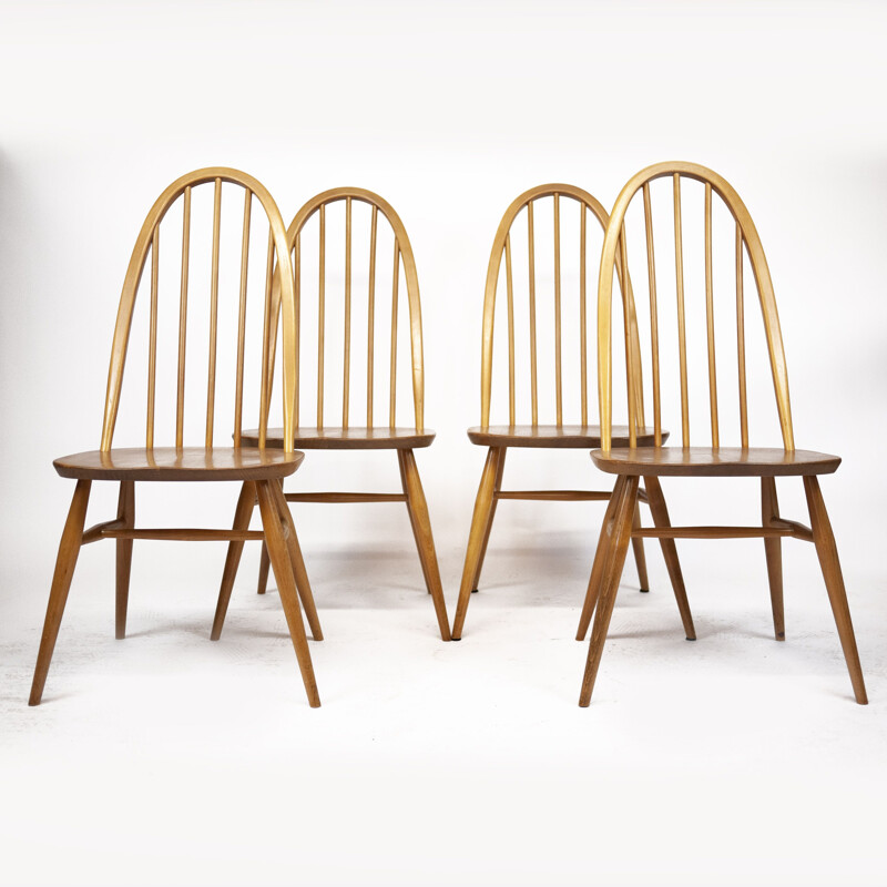 Set of 4 vintage beech and Elm 365 Windsor Quaker dining chairs by Ercol, 1960s