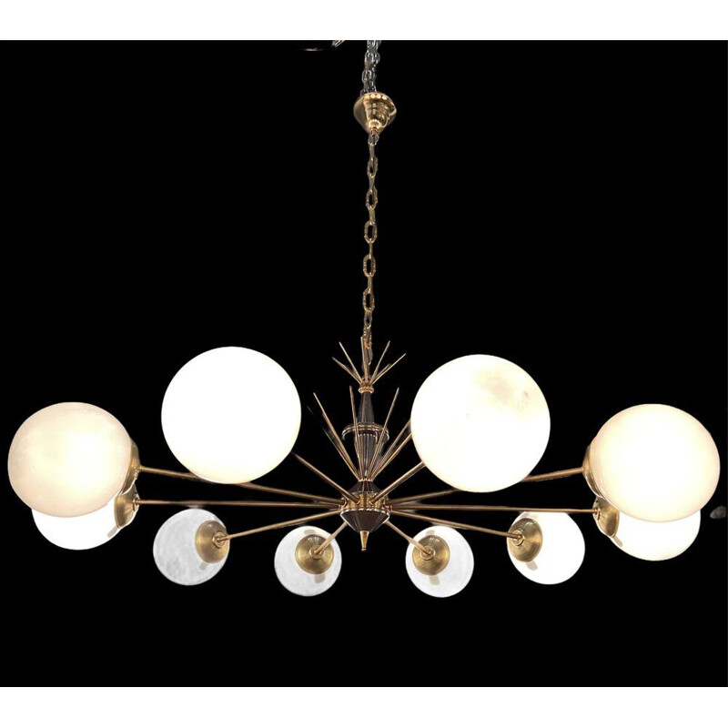 Vintage brass chrome & opaline glass Sputnik chandelier with 10 lights