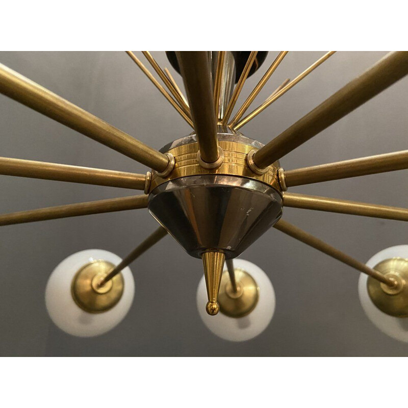 Vintage brass chrome & opaline glass Sputnik chandelier with 10 lights