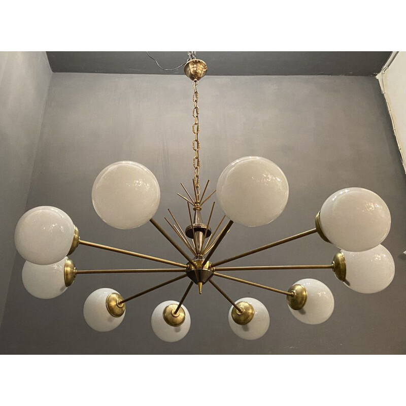 Vintage brass chrome & opaline glass Sputnik chandelier with 10 lights