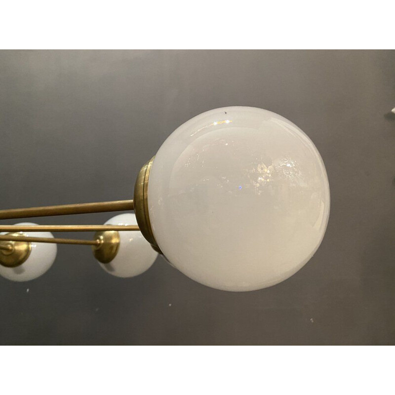 Lustre Sputnik vintage en laiton chromé et verre opalin avec 10 lumières