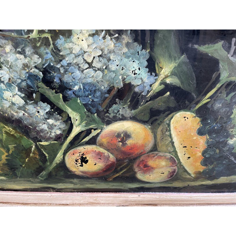 Pair of vintage fruit and flower paintings, Italy