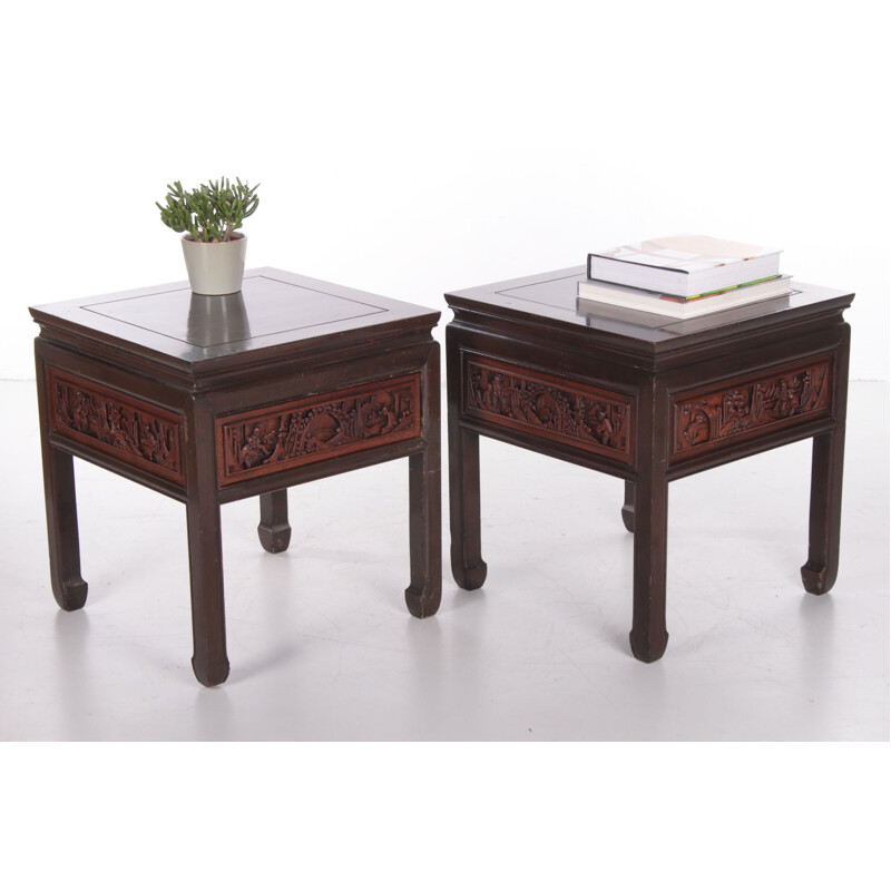 Paire de tables de chevet vintage en bois, Chine 1900