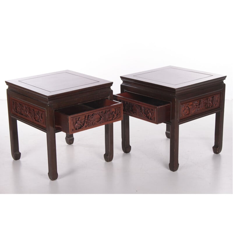 Paire de tables de chevet vintage en bois, Chine 1900